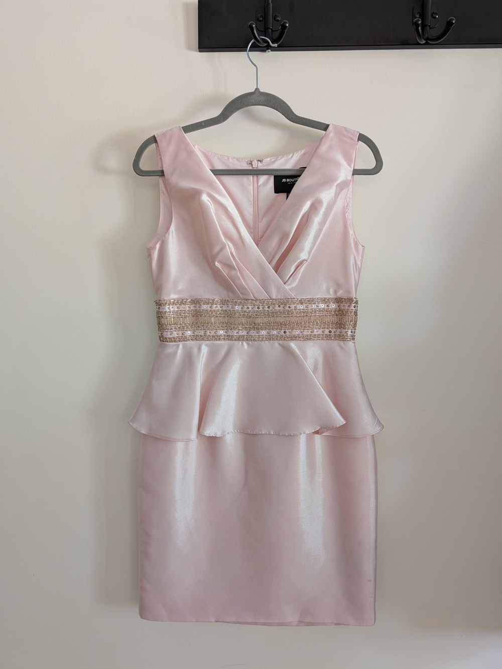 B Darlin Light Pink Satin Peplum Dress with Gold Sequin Waist